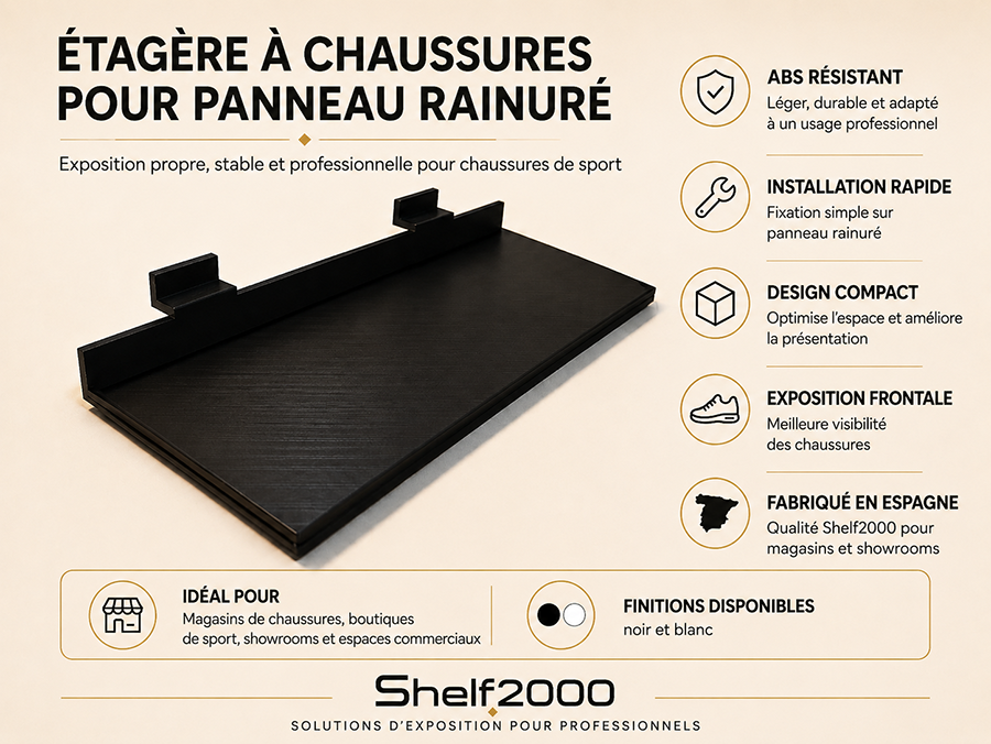 Infographie de l’étagère à chaussures pour panneau rainuré en ABS, avec installation rapide, design compact et finitions noire et blanche.